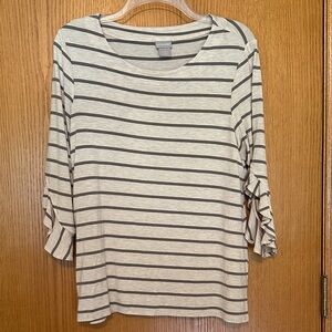 Chico’s Cream and Olive Striped 3/4 Ruffled Sleeve  Top. Chico’s size 1